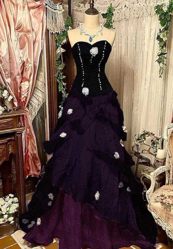 Purple Pink Blue Gradient Fashion Retro Elegant Delicate Floral Beads Sweet Elegant Long Tulle Floor Length Ball Gowns Prom Gowns