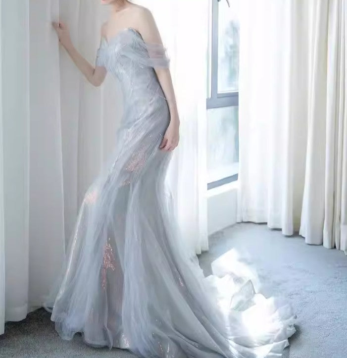Purple�����?Sweetheart Sequin Mermaid Gowns-Fairytale Beaded Tulle Train Long Prom Dresses For Events