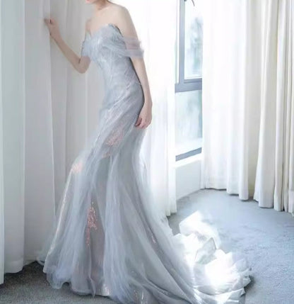 Purple�����?Sweetheart Sequin Mermaid Gowns-Fairytale Beaded Tulle Train Long Prom Dresses For Events