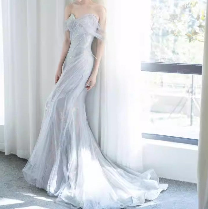 Purple�����?Sweetheart Sequin Mermaid Gowns-Fairytale Beaded Tulle Train Long Prom Dresses For Events