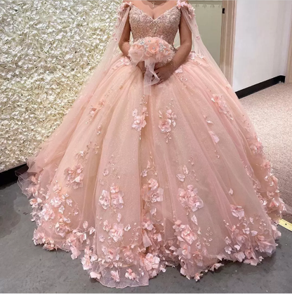 Lavender Flowers Tulle Sweetheart Ball Gown Quinceanera Dresses With Cape