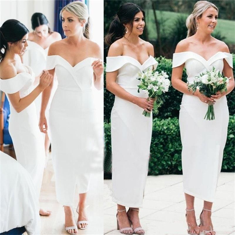 White Off The Shoulder Tea Length Satin Bridesmaid Dresses