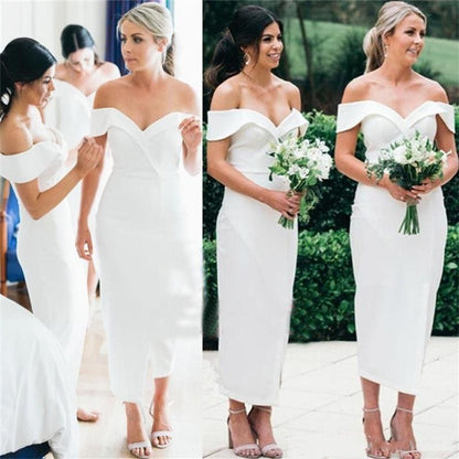 White Off The Shoulder Tea Length Satin Bridesmaid Dresses