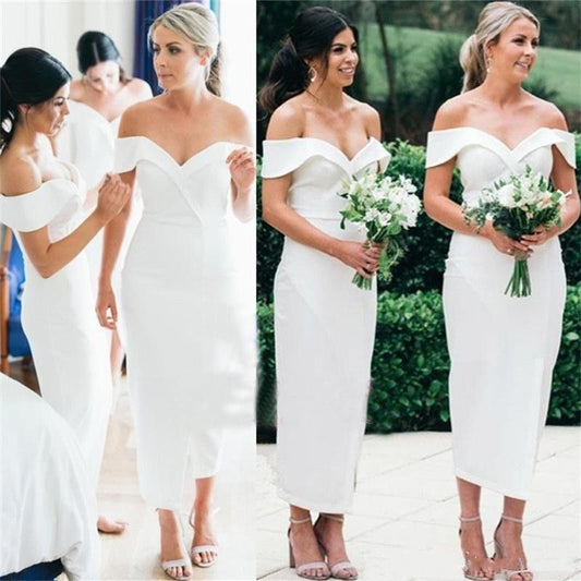 White Off The Shoulder Tea Length Satin Bridesmaid Dresses