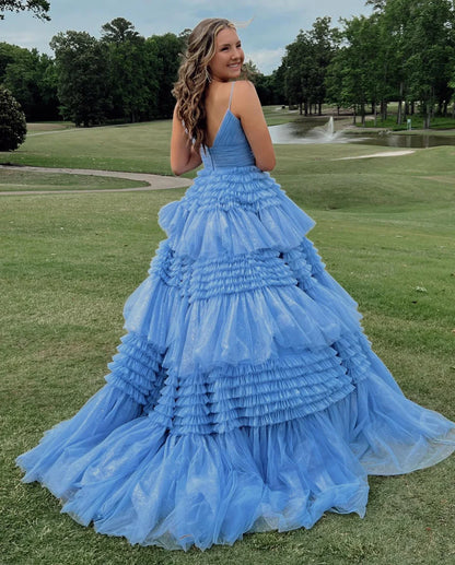 Spaghetti Straps V-Neck Layers Formal Party Prom Dresses