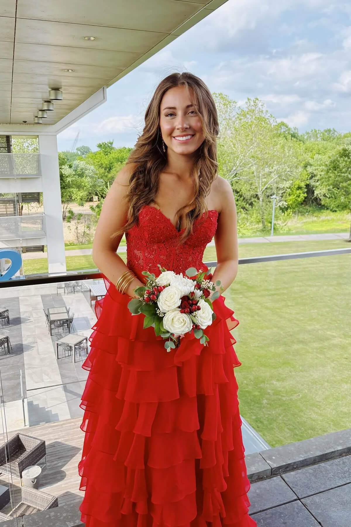 Fancy Yellow Prom Dress Tiered Chiffon Ball Dresses Long
