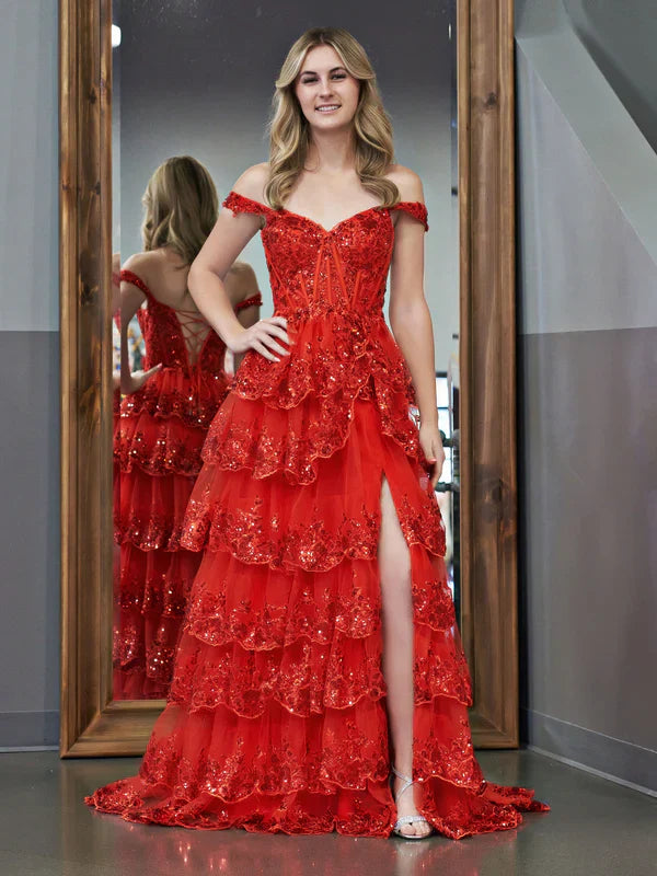 omberprom Red Princess A Line Evening Dress Off the Shoulder Corset Prom Dress with Lace Ruffles