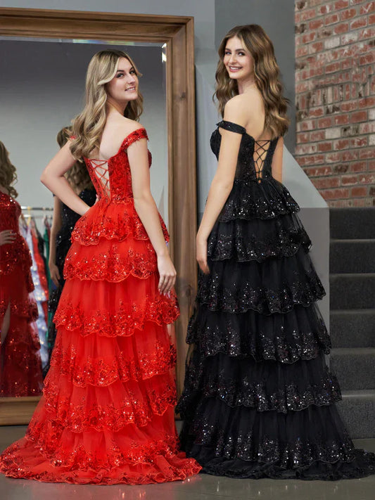 omberprom Red Princess A Line Evening Dress Off the Shoulder Corset Prom Dress with Lace Ruffles