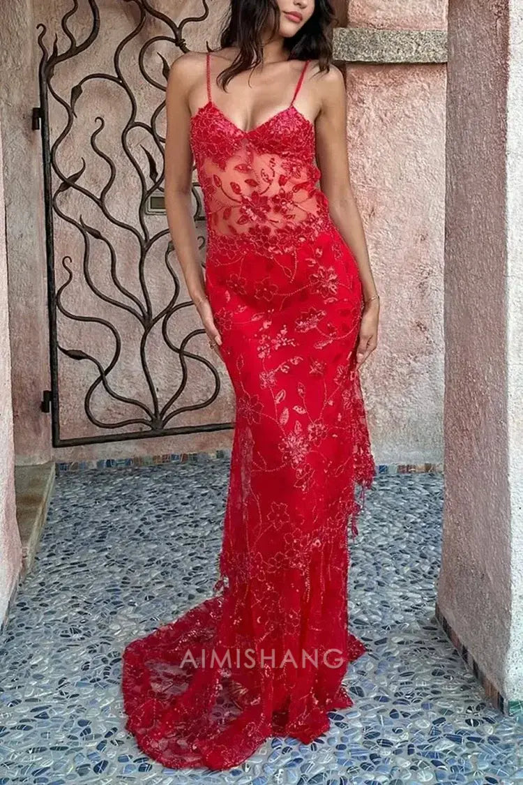 omberprom Elegant Sheath Spaghetti Straps Red Formal Dress Sparkly Long Prom Dresses Charming Party Evening Gowns