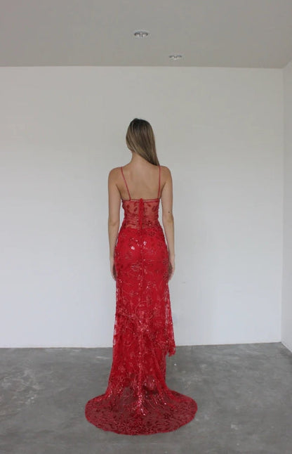 omberprom Elegant Sheath Spaghetti Straps Red Formal Dress Sparkly Long Prom Dresses Charming Party Evening Gowns