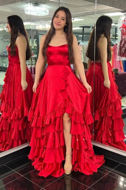 Strapless A Line Lace-Up Ruffled Tiered Prom Dress with Slit