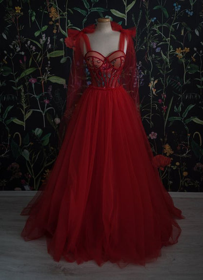 Red Velvet Prom Dresses Tulle Prom Gown