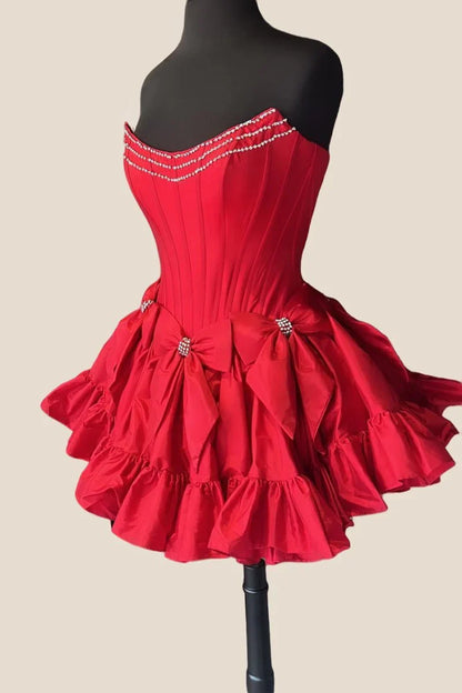 Vintage Red Beading Bow Ruffled Hem Design Strapless Homecoming Dress TP3759
