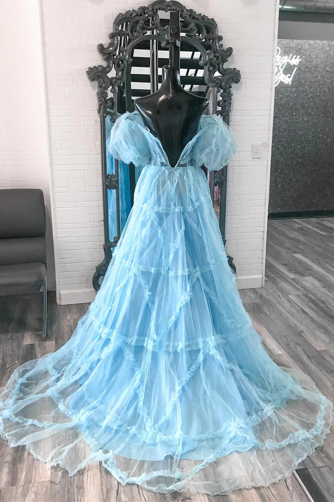 Off The Shoulder Ruffles Pink Long Prom Dress Tulle Formal Gown