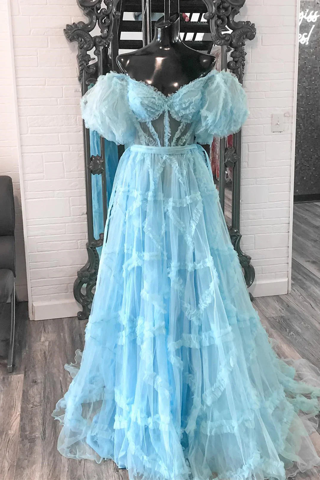 Off The Shoulder Ruffles Pink Long Prom Dress Tulle Formal Gown
