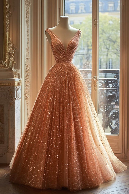 Retro Ball Gowns V Neckline Sequin Prom Dress Long Prom Dress