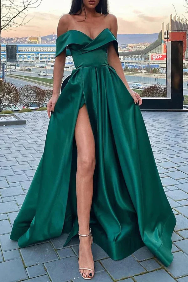 omberprom Elegant A-Line Off the Shoulder Prom Dresses Celebrity Style Dress Evening Dress Christmas Floor Length Party Wear with Slit