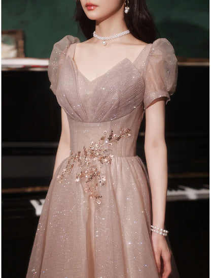 omberprom A-Line Prom Dresses Gowns Evening Dresses Valentine's Day Wedding Guest Floor Length Short Sleeve V Neck Tulle with Sequin