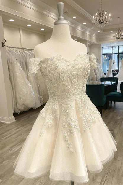 omberprom Elegant A-Line Short Wedding Dress With Appliques Off Shoulder Homecoming Dress