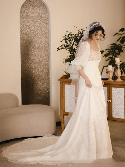 Romantic Wedding Gowns Bridal Dress A Line Square Neck Satin Wedding Dress Ivory Wedding Dresses Modest Wedding Gown