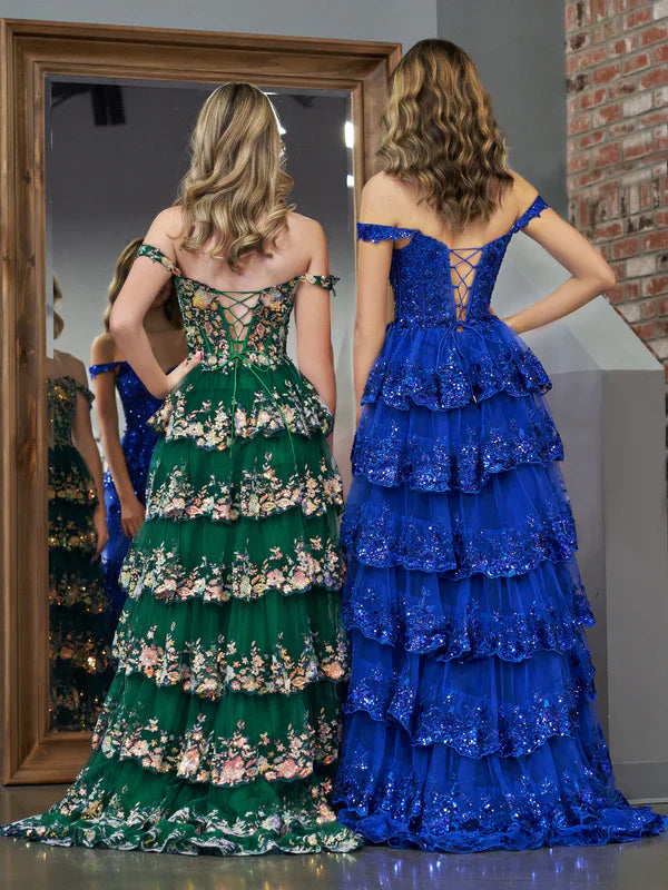 omberprom Royal Blue Princess A Line Evening Dress Off the Shoulder Corset Prom Dress with Lace Ruffles