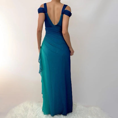 Vintage Shiny Gradient Blue-green Sheath Chiffon Unique Shoulder Strap Design Long Prom Dress Evening Dress TP2505