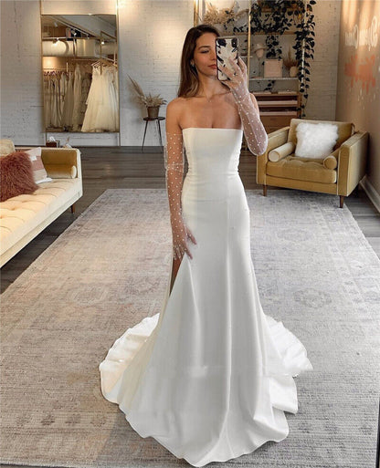 PM405,White Wedding Gown,Strapless Wedding Dresses,Sweep Train Simple Style Bridal Dress