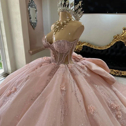 Gorgeous Pink Applique Strapless Sweet 16 Quinceanera A-Line Floor-length Prom Dress Birthday Dress Evening Dress Ball Gown TP4535