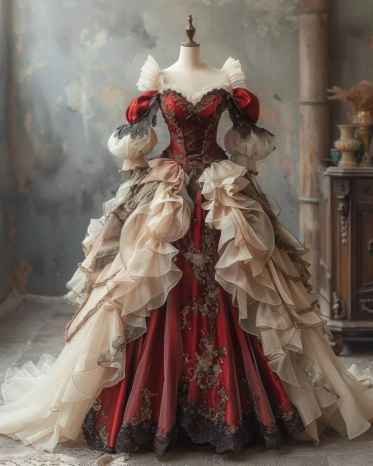 Vintage-Inspired Gothic Red Layered Ruffles & Lace A-Line Ball Gown TP5104