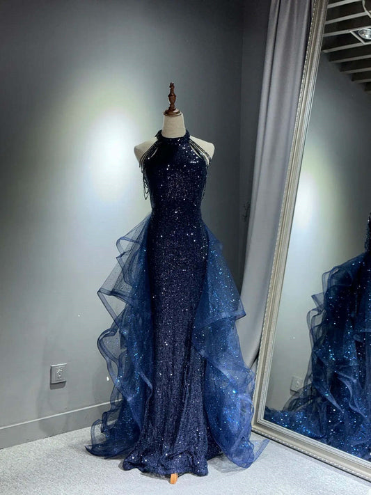 Navy Blue Tulle and Sequins Long Party Dress, Blue A-line Prom Dress Evening Dress