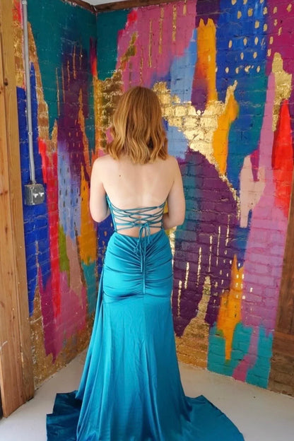 Mermaid Ruched Red Senior Prom Dress With Slit Strapless
