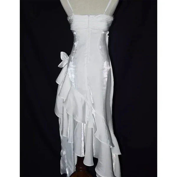 Green Retro Fashion Spaghetti Straps Long Irregular Ruffle Elegant Satin Ball Gowns, Prom Dress