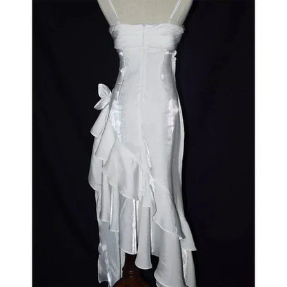 Green Retro Fashion Spaghetti Straps Long Irregular Ruffle Elegant Satin Ball Gowns, Prom Dress