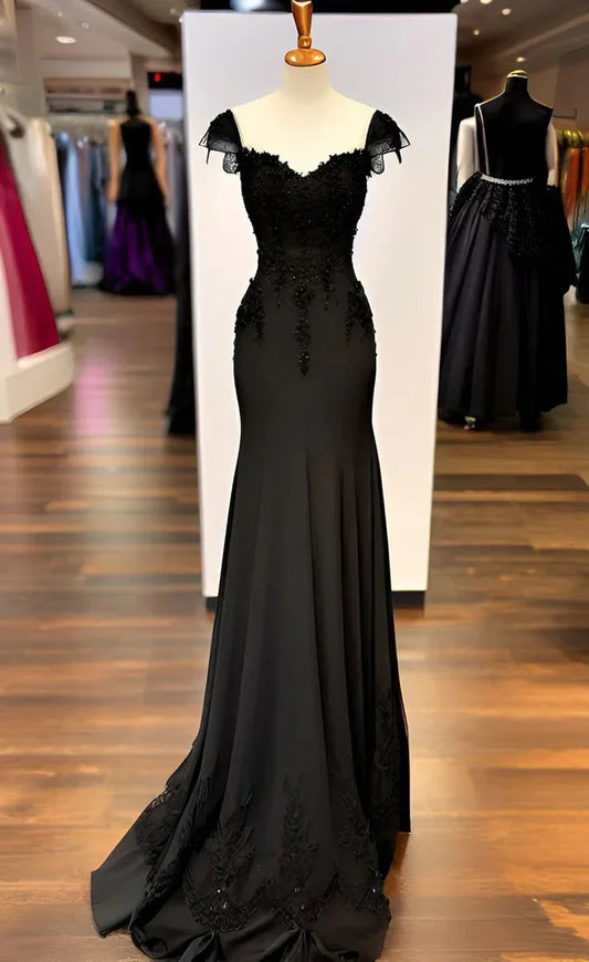 Sexy Black Mermaid Gowns V Neck Chiffon Lace Prom Dress