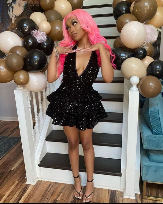 Sexy Black Sparking Short Cocktail Dresses Back Open Tiered Sequin Graduation Gowns Parties Night