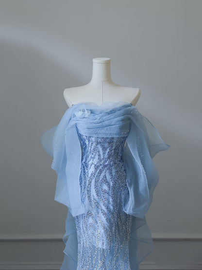 Sexy Mermaid Off The Shoulder Blue Sequin Long Prom Dresses Prom Gown