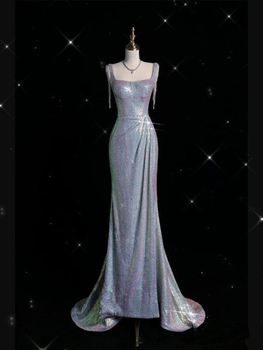 Sexy Mermaid Spaghetti Straps Sequin Silver Prom Gown Long Prom Dresses