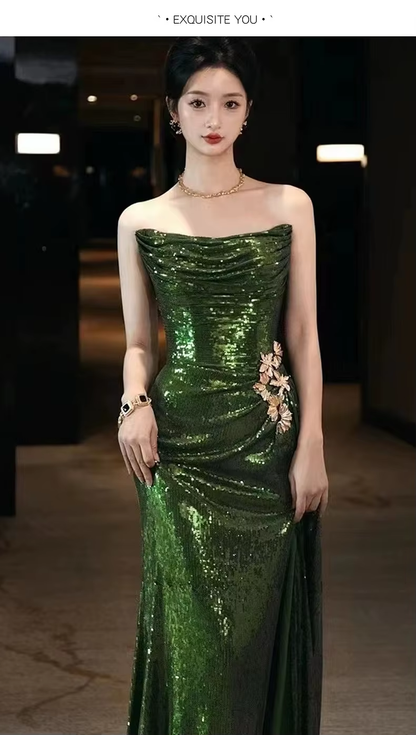Sexy Mermaid Strapless Dark Green Sequin Long Prom Dresses Prom Gown