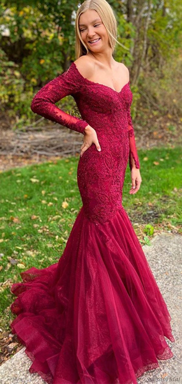 Sexy Burgundy Long Sleeves Off-shoulder Lace Mermaid Tulle Trumpet Prom Dress