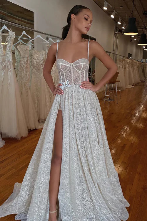 omberprom Charming A-Line Spaghetti Straps Lace Appliques Sparkly Wedding Dress With Slit