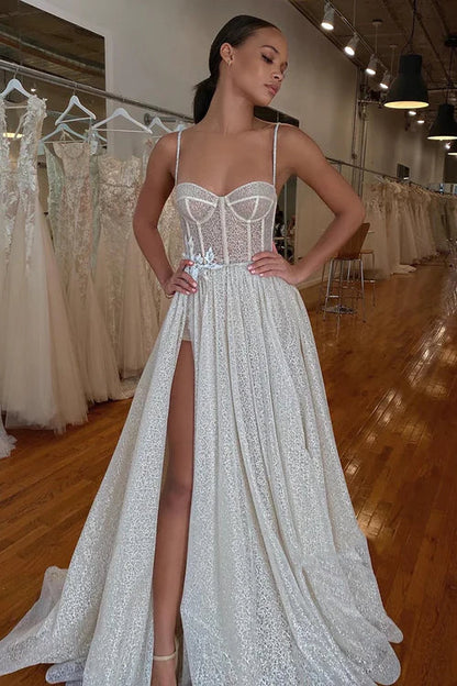 omberprom Charming A-Line Spaghetti Straps Lace Appliques Sparkly Wedding Dress With Slit
