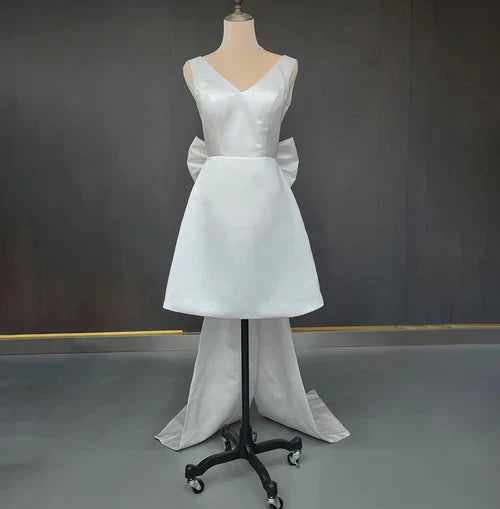 omberprom Elegant A-Line Satin V-Neck Short Wedding Dress with Large Bow Lovely Bridal Gown Party Wear