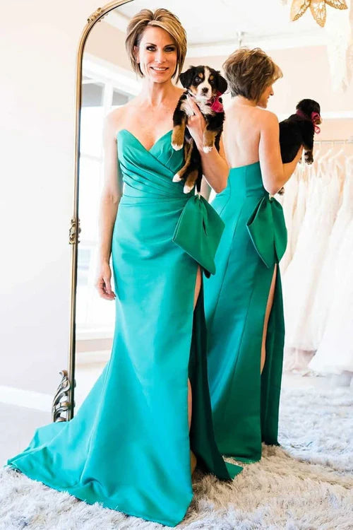 omberprom Elegant Side Slit Red Strapless Long Prom Dress