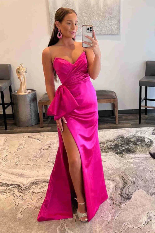 omberprom Elegant Side Slit Red Strapless Long Prom Dress