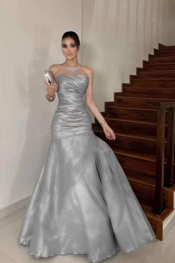 Fancy Silver Mermaid Prom Dress Satin Strapless Maxi Gown Long