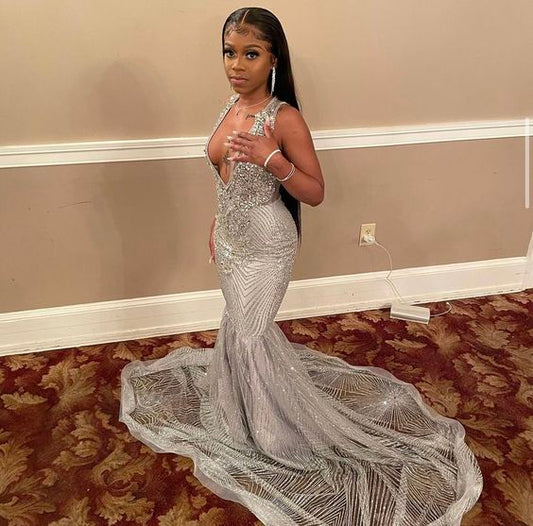 Silver Mermaid Women Prom Gown