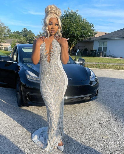 Silver Mermaid Women Prom Gown
