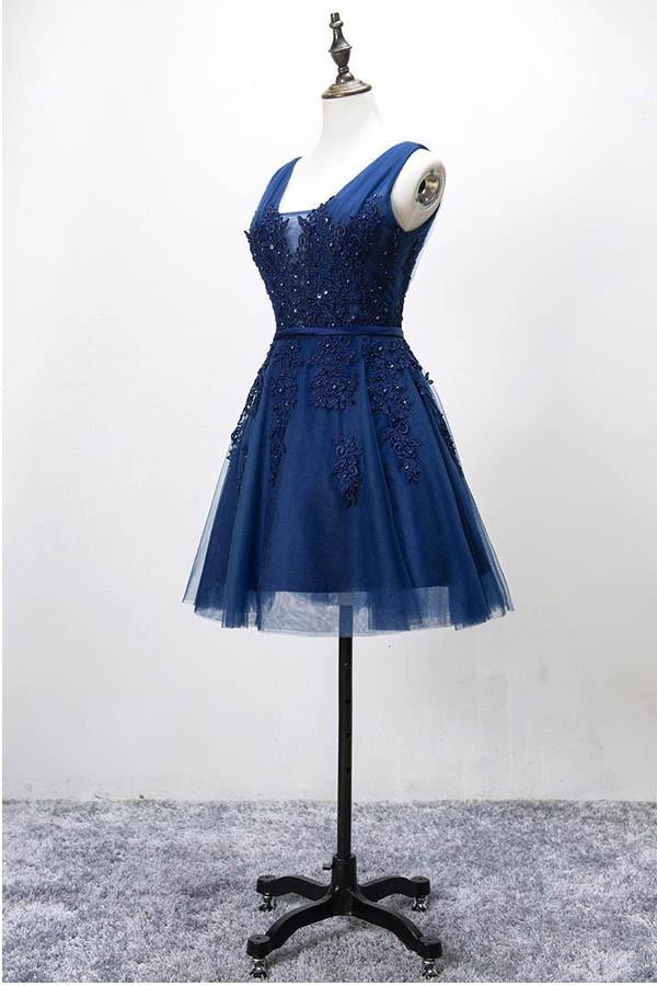 Vintage Navy Blue Lace Appliques Design A-line Tulle Short Lace-up Homecoming Dress TP3570