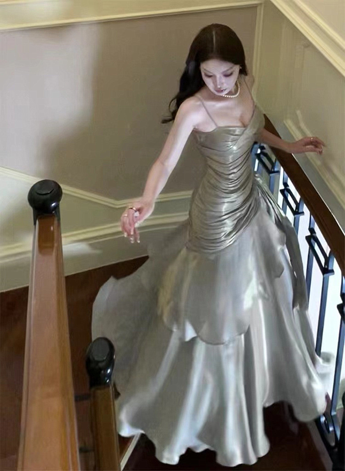 Sliver Grey Satin Straps Long Prom Gowns, Cute Long Prom Dresses