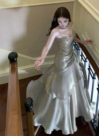 Sliver Grey Satin Straps Long Prom Gowns, Cute Long Prom Dresses